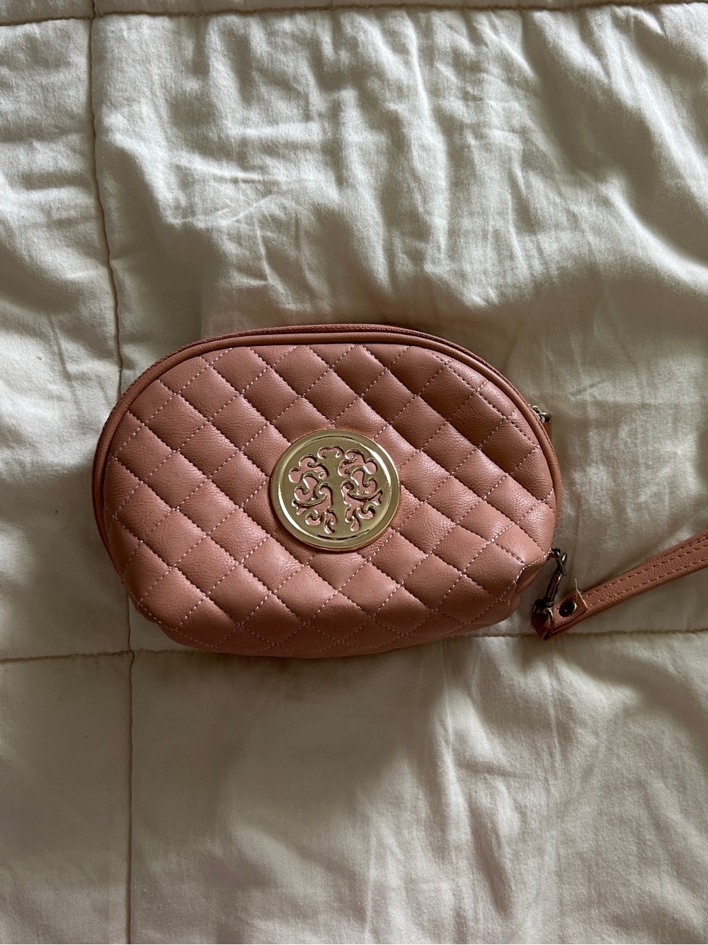 Quilted Pink Wristlet Crossbody Bag with Gold Emblem